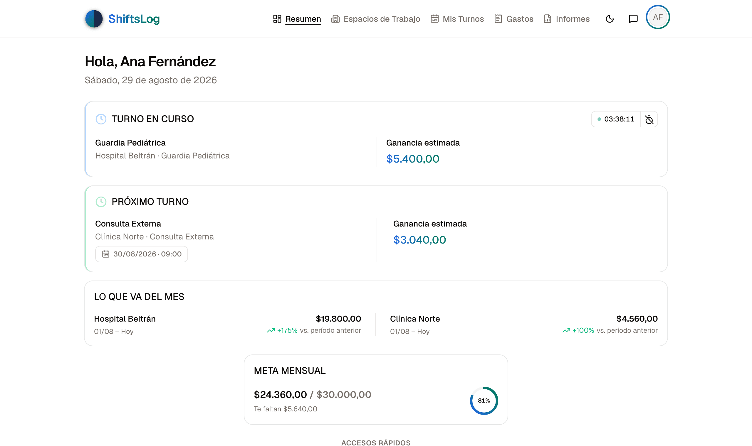 Vista semanal de ShiftsLog en escritorio