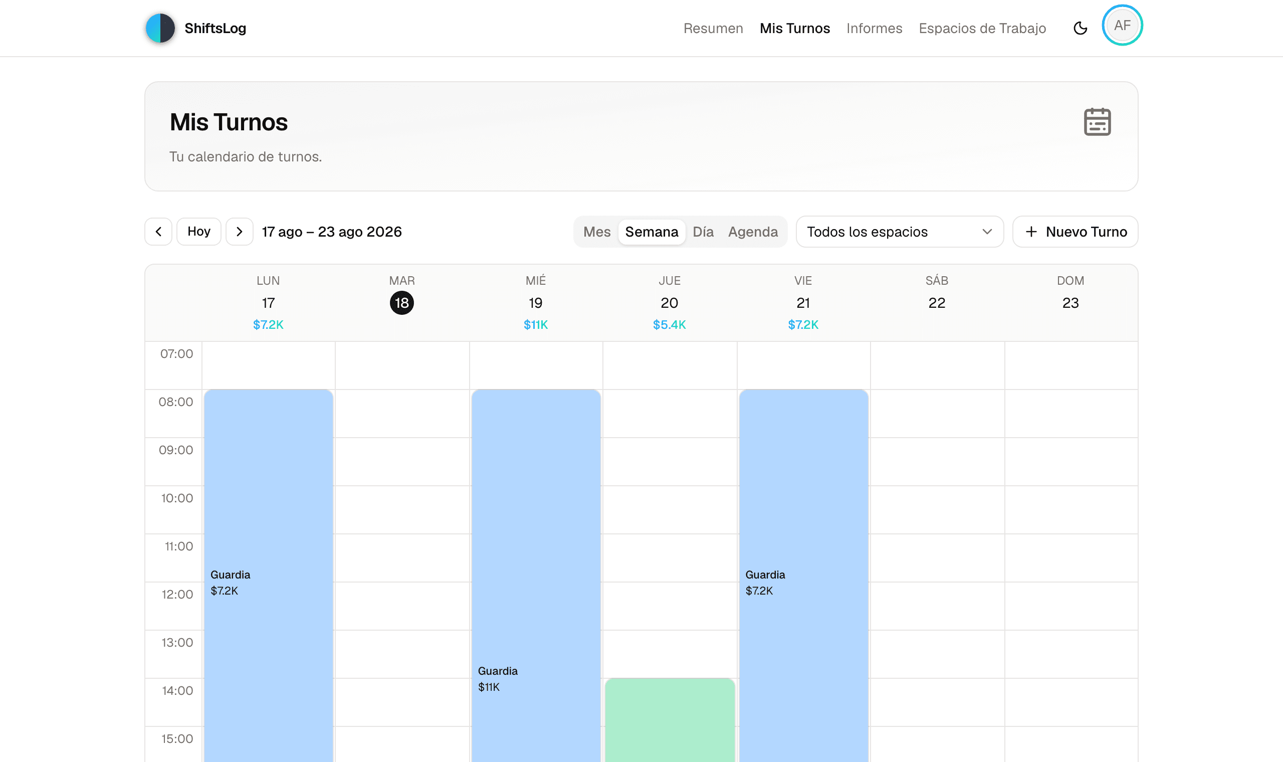Vista semanal de ShiftsLog en escritorio